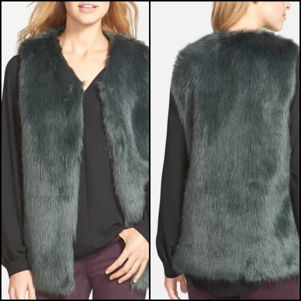 NEW! LAUNDRY BY DESIGN Green Faux Fur Mid-Length Vest Statement Outerwear LG.